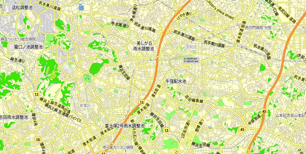 Tokyo, Japan, printable exact vector map G-View level 13 (2,000 meters) street City Plan V.3.09 full editable, Adobe Illustrator, full vector, scalable, editable text format street names, 35 mb ZIP