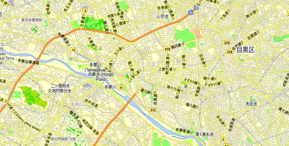 Tokyo, Japan, printable exact vector map G-View level 13 (2,000 meters) street City Plan V.3.09 full editable, Adobe Illustrator, full vector, scalable, editable text format street names, 35 mb ZIP