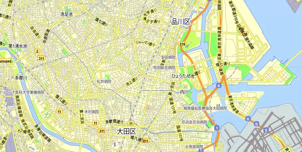 Tokyo, Japan, printable exact vector map G-View level 13 (2,000 meters) street City Plan V.3.09 full editable, Adobe Illustrator, full vector, scalable, editable text format street names, 35 mb ZIP