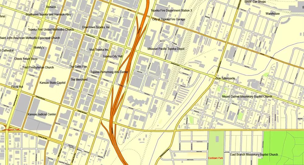Printable Map Topeka, Kansas, US, exact vector street City Plan map V2.09, full editable, Adobe Illustrator, full vector, scalable, editable text format street names, 7 mb ZIP