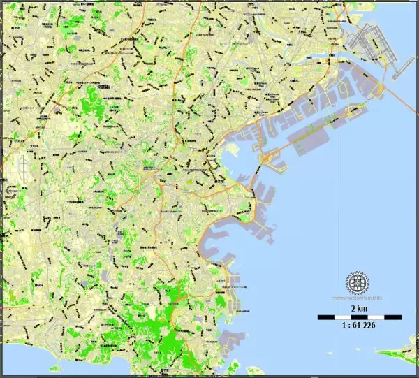 Printable Map Yokohama, Japan, exact vector map G-View level 13 (2,000 meters) street City Plan V.3.09 full editable, Adobe Illustrator, full vector, scalable, editable text format street names, 14 mb ZIP