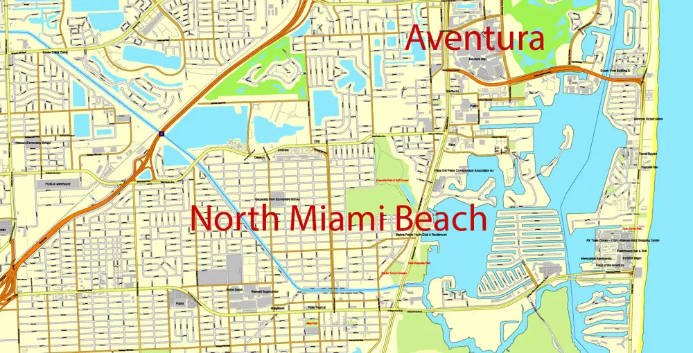 Printable Map Greater Miami, Florida, US, exact vector street City Plan map in 4 parts V5.10, full editable, Adobe Illustrator, full vector, scalable, editable text format street names, 57 mb ZIP