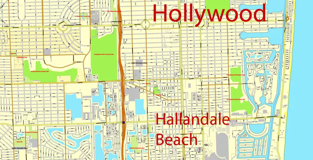 Printable Map Greater Miami, Florida, US, exact vector street City Plan map in 4 parts V5.10, full editable, Adobe Illustrator, full vector, scalable, editable text format street names, 57 mb ZIP