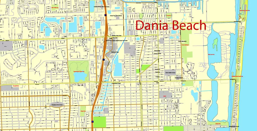 Printable Map Greater Miami, Florida, US, exact vector street City Plan map in 4 parts V5.10, full editable, Adobe Illustrator, full vector, scalable, editable text format street names, 57 mb ZIP