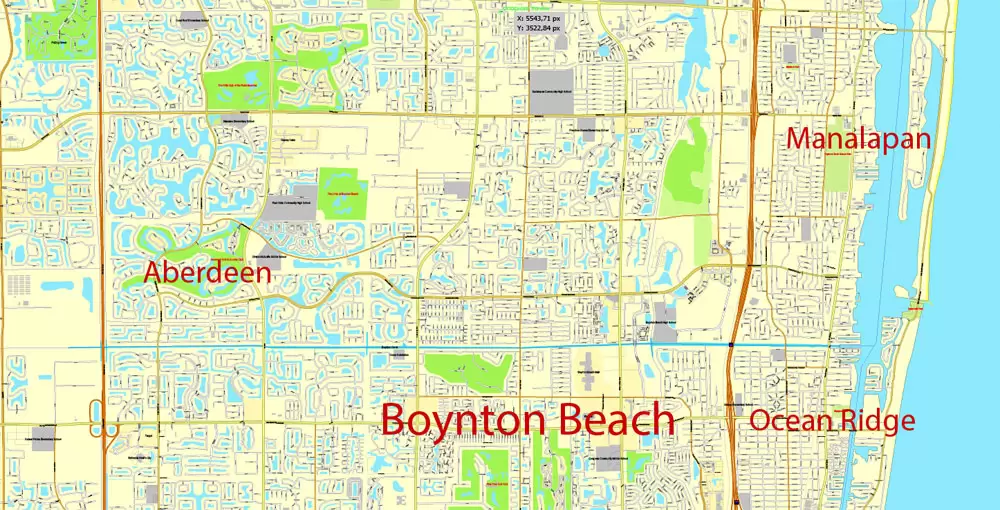 Printable Map Greater Miami, Florida, US, exact vector street City Plan map in 4 parts V5.10, full editable, Adobe Illustrator, full vector, scalable, editable text format street names, 57 mb ZIP