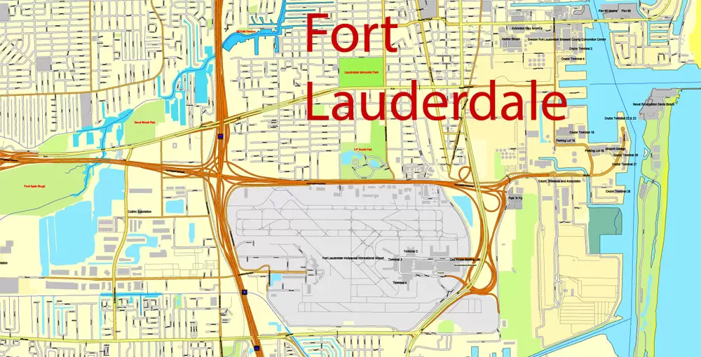 Printable Map Greater Miami, Florida, US, exact vector street City Plan map in 4 parts V5.10, full editable, Adobe Illustrator, full vector, scalable, editable text format street names, 57 mb ZIP