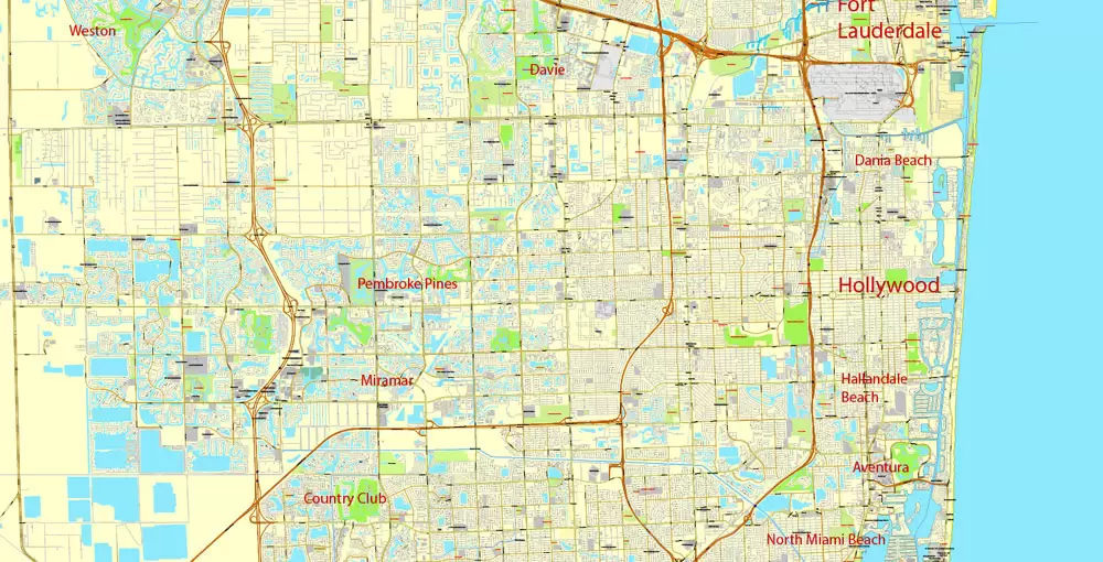 Printable Map Greater Miami, Florida, US, exact vector street City Plan map in 4 parts V5.10, full editable, Adobe Illustrator, full vector, scalable, editable text format street names, 57 mb ZIP