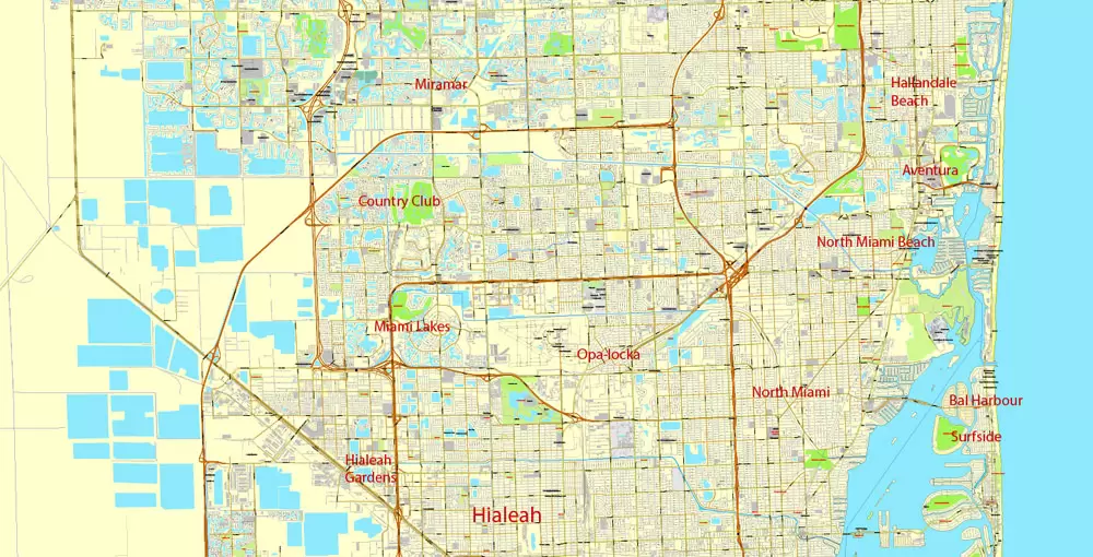Printable Map Greater Miami, Florida, US, exact vector street City Plan map in 4 parts V5.10, full editable, Adobe Illustrator, full vector, scalable, editable text format street names, 57 mb ZIP