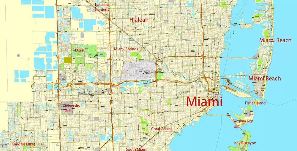 Printable Map Greater Miami, Florida, US, exact vector street City Plan map in 4 parts V5.10, full editable, Adobe Illustrator, full vector, scalable, editable text format street names, 57 mb ZIP
