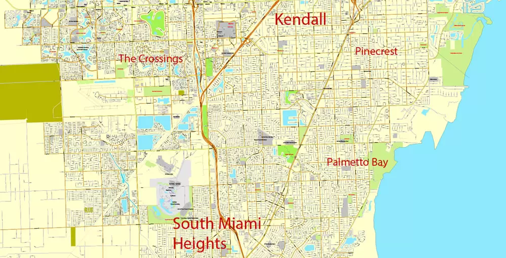 Printable Map Greater Miami, Florida, US, exact vector street City Plan map in 4 parts V5.10, full editable, Adobe Illustrator, full vector, scalable, editable text format street names, 57 mb ZIP