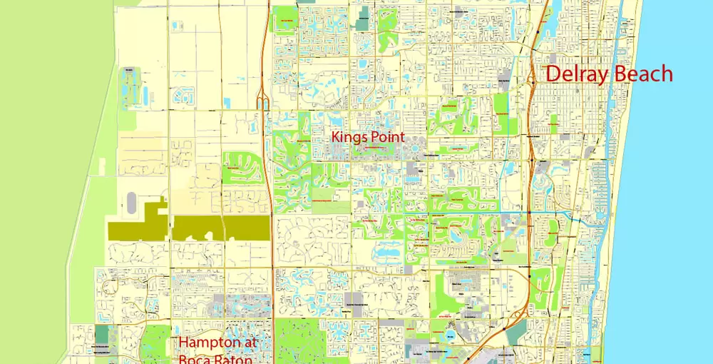 Printable Map Greater Miami, Florida, US, exact vector street City Plan map in 4 parts V5.10, full editable, Adobe Illustrator, full vector, scalable, editable text format street names, 57 mb ZIP
