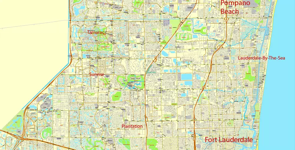 Printable Map Greater Miami, Florida, US, exact vector street City Plan map in 4 parts V5.10, full editable, Adobe Illustrator, full vector, scalable, editable text format street names, 57 mb ZIP