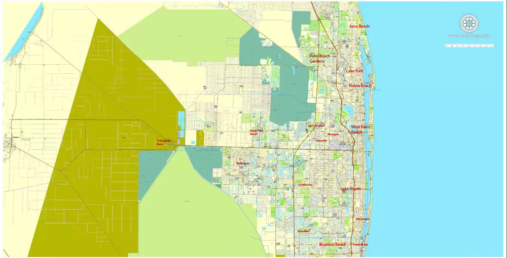 Printable Map Greater Miami, Florida, US, exact vector street City Plan map in 4 parts V5.10, full editable, Adobe Illustrator, full vector, scalable, editable text format street names, 57 mb ZIP