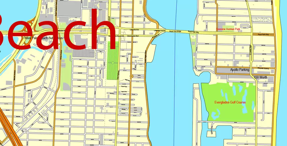 Printable Map Greater Miami, Florida, US, exact vector street City Plan map in 4 parts V5.10, full editable, Adobe Illustrator, full vector, scalable, editable text format street names, 57 mb ZIP