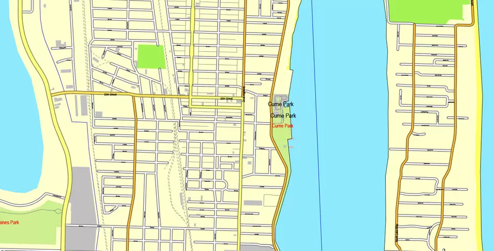 Printable Map Greater Miami, Florida, US, exact vector street City Plan map in 4 parts V5.10, full editable, Adobe Illustrator, full vector, scalable, editable text format street names, 57 mb ZIP