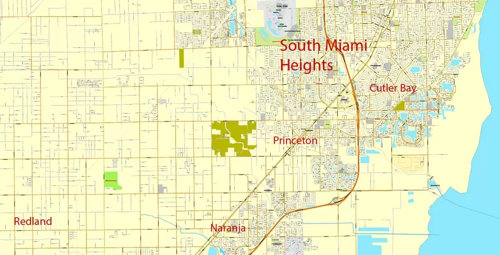 Printable Map Greater Miami, Florida, US, exact vector street City Plan map in 4 parts V5.10, full editable, Adobe Illustrator, full vector, scalable, editable text format street names, 57 mb ZIP