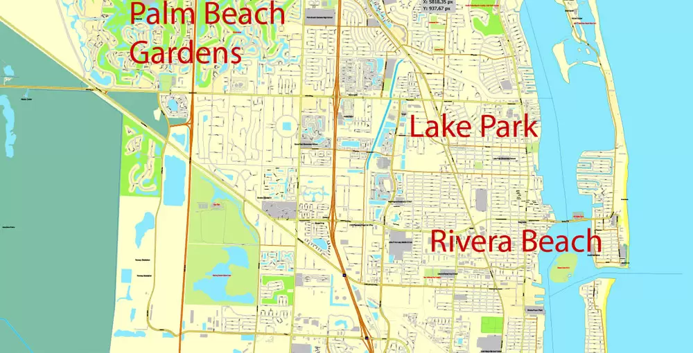 Printable Map Greater Miami, Florida, US, exact vector street City Plan map in 4 parts V5.10, full editable, Adobe Illustrator, full vector, scalable, editable text format street names, 57 mb ZIP