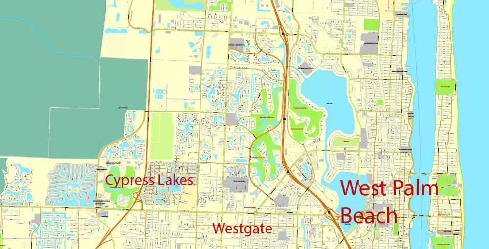 Printable Map Greater Miami, Florida, US, exact vector street City Plan map in 4 parts V5.10, full editable, Adobe Illustrator, full vector, scalable, editable text format street names, 57 mb ZIP