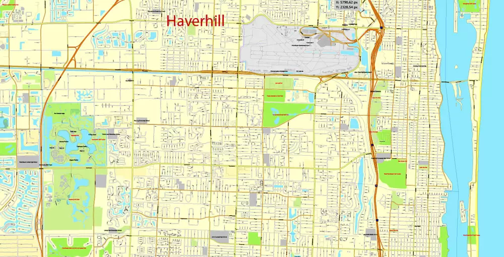 Printable Map Greater Miami, Florida, US, exact vector street City Plan map in 4 parts V5.10, full editable, Adobe Illustrator, full vector, scalable, editable text format street names, 57 mb ZIP