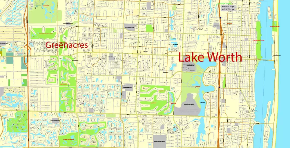 Printable Map Greater Miami, Florida, US, exact vector street City Plan map in 4 parts V5.10, full editable, Adobe Illustrator, full vector, scalable, editable text format street names, 57 mb ZIP
