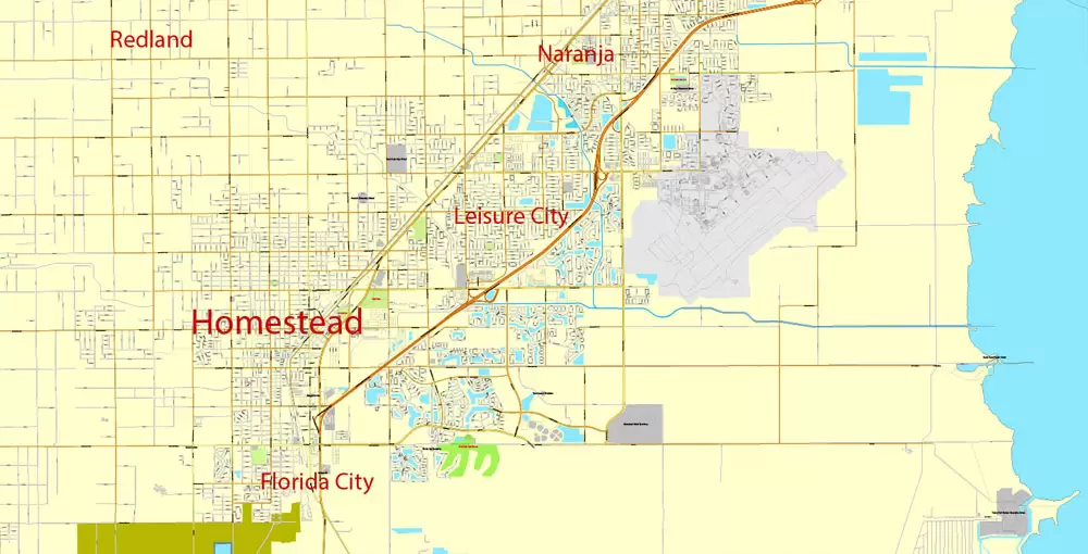 Printable Map Greater Miami, Florida, US, exact vector street City Plan map in 4 parts V5.10, full editable, Adobe Illustrator, full vector, scalable, editable text format street names, 57 mb ZIP