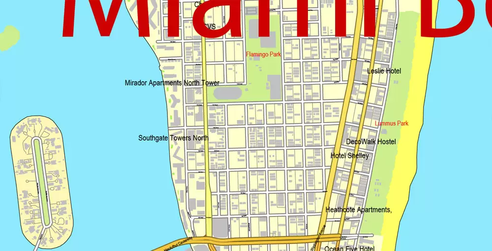 Printable Map Greater Miami, Florida, US, exact vector street City Plan map in 4 parts V5.10, full editable, Adobe Illustrator, full vector, scalable, editable text format street names, 57 mb ZIP