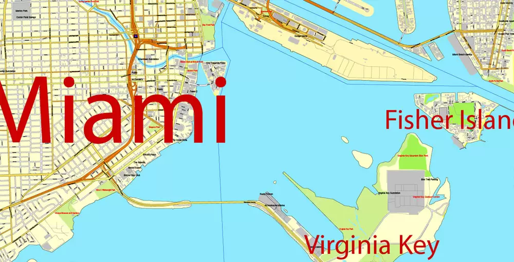 Printable Map Greater Miami, Florida, US, exact vector street City Plan map in 4 parts V5.10, full editable, Adobe Illustrator, full vector, scalable, editable text format street names, 57 mb ZIP