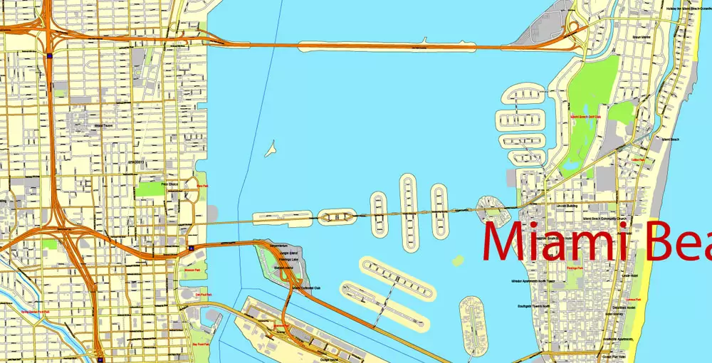 Printable Map Greater Miami, Florida, US, exact vector street City Plan map in 4 parts V5.10, full editable, Adobe Illustrator, full vector, scalable, editable text format street names, 57 mb ZIP