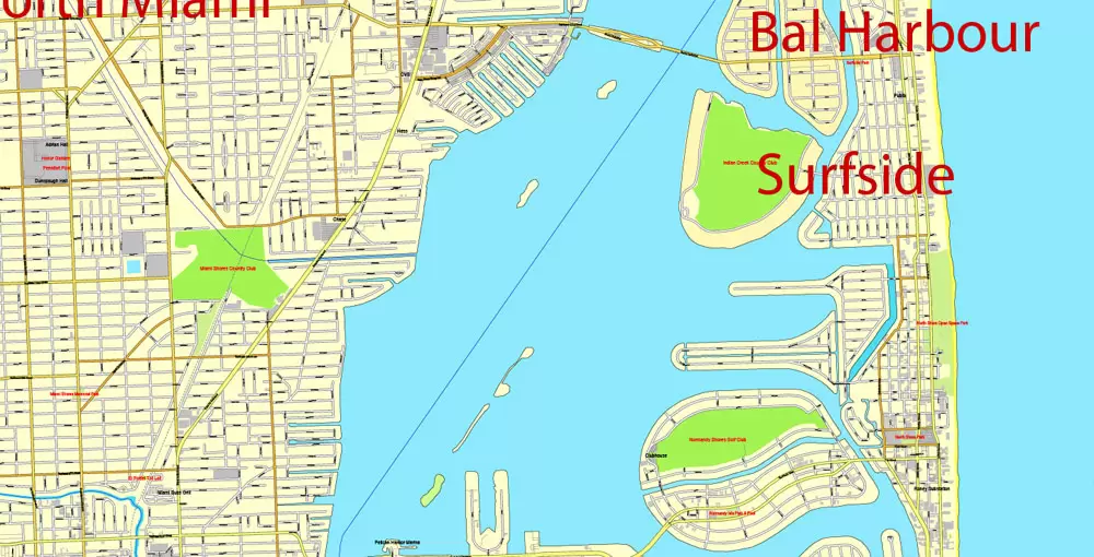 Printable Map Greater Miami, Florida, US, exact vector street City Plan map in 4 parts V5.10, full editable, Adobe Illustrator, full vector, scalable, editable text format street names, 57 mb ZIP