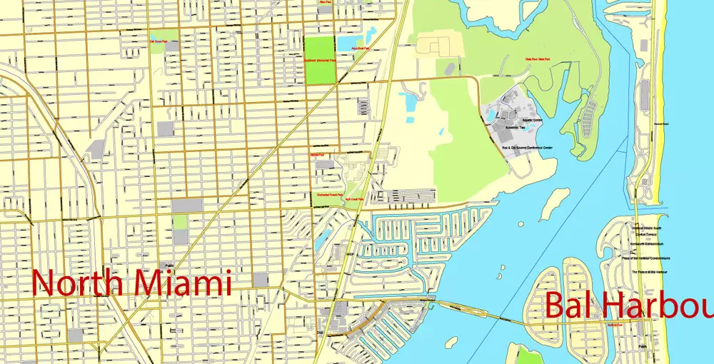 Printable Map Greater Miami, Florida, US, exact vector street City Plan map in 4 parts V5.10, full editable, Adobe Illustrator, full vector, scalable, editable text format street names, 57 mb ZIP