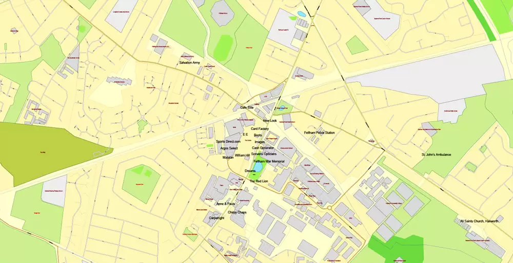 Printable Map Heathrow, Feltham, Hounslow map (part of Greater London Map), England UK, printable vector map Adobe Illustrator editable City Plan, full vector, scalable, editable, text format street names, 5 mb ZIP