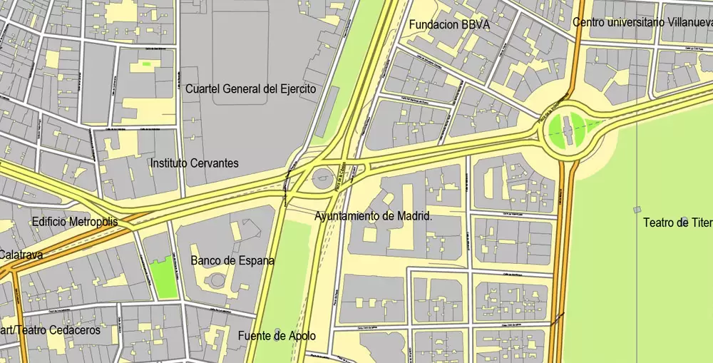 PDF map Madrid, Spain, printable vector street City Plan map, full editable, Adobe PDF, full vector, scalable, editable, text format street names, 47 mb ZIP
