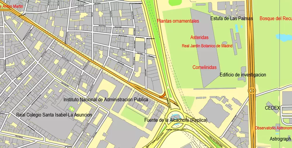 PDF map Madrid, Spain, printable vector street City Plan map, full editable, Adobe PDF, full vector, scalable, editable, text format street names, 47 mb ZIP