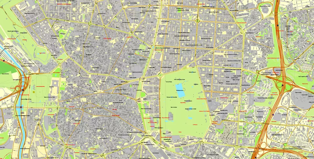 PDF map Madrid, Spain, printable vector street City Plan map, full editable, Adobe PDF, full vector, scalable, editable, text format street names, 47 mb ZIP