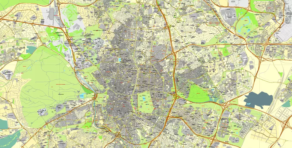PDF map Madrid, Spain, printable vector street City Plan map, full editable, Adobe PDF, full vector, scalable, editable, text format street names, 47 mb ZIP