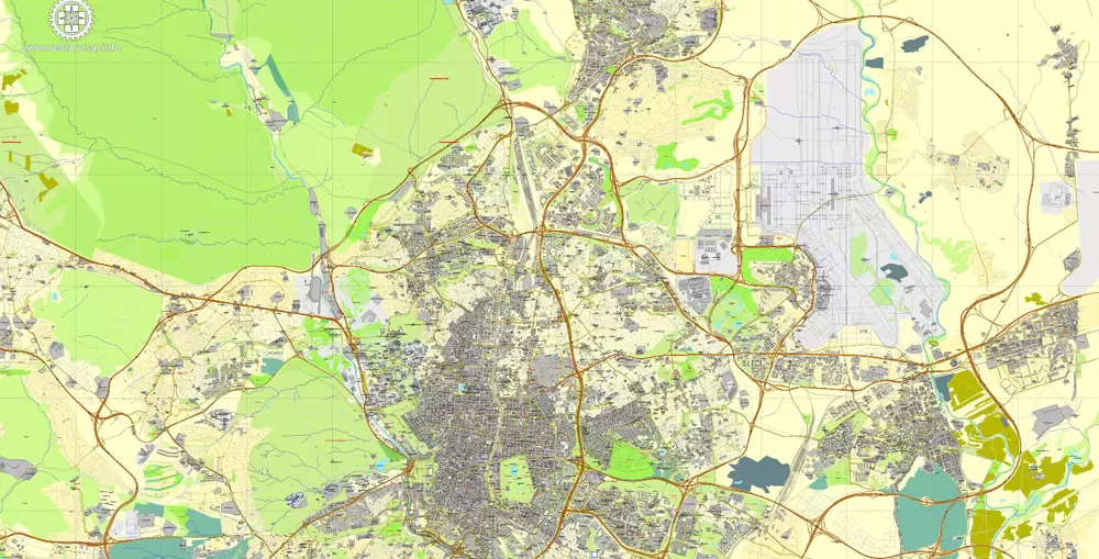 PDF map Madrid, Spain, printable vector street City Plan map, full editable, Adobe PDF, full vector, scalable, editable, text format street names, 47 mb ZIP
