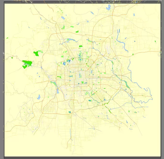 Printable Map Beijing, China, exact vector street G-view Level 17 (100 meters scale) map, full editable in ENGLISH, Adobe illustrator, full vector, scalable, editable, text format street names, 8 mb ZIP