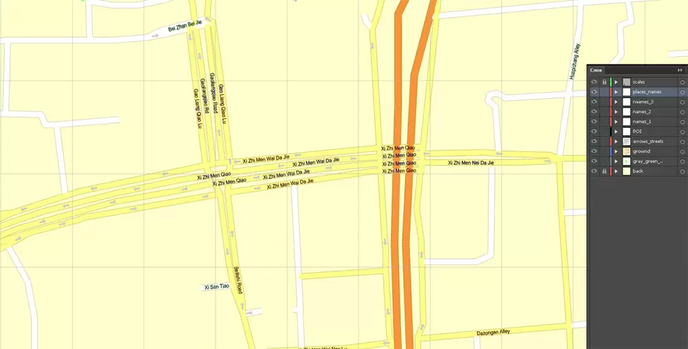 Printable Map Beijing, China, exact vector street G-view Level 17 (100 meters scale) map, full editable in ENGLISH, Adobe illustrator, full vector, scalable, editable, text format street names, 8 mb ZIP