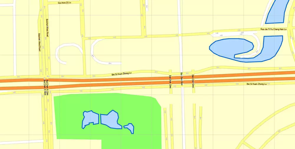 Printable Map Beijing, China, exact vector street G-view Level 17 (100 meters scale) map, full editable in ENGLISH, Adobe illustrator, full vector, scalable, editable, text format street names, 8 mb ZIP
