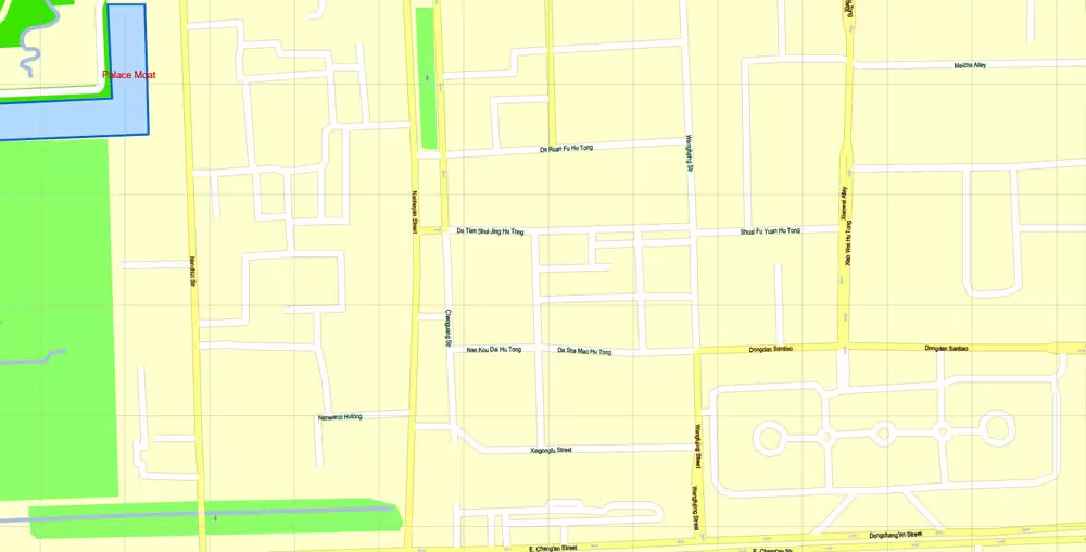 Printable Map Beijing, China, exact vector street G-view Level 17 (100 meters scale) map, full editable in ENGLISH, Adobe illustrator, full vector, scalable, editable, text format street names, 8 mb ZIP