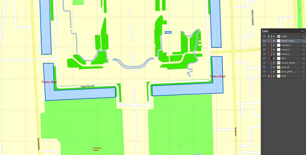 Printable Map Beijing, China, exact vector street G-view Level 17 (100 meters scale) map, full editable in ENGLISH, Adobe illustrator, full vector, scalable, editable, text format street names, 8 mb ZIP