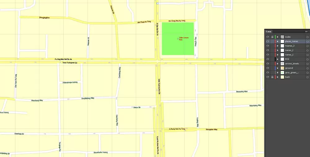 Printable Map Beijing, China, exact vector street G-view Level 17 (100 meters scale) map, full editable in ENGLISH, Adobe illustrator, full vector, scalable, editable, text format street names, 8 mb ZIP