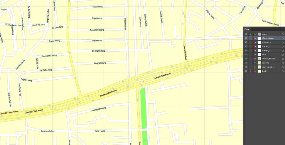 Printable Map Beijing, China, exact vector street G-view Level 17 (100 meters scale) map, full editable in ENGLISH, Adobe illustrator, full vector, scalable, editable, text format street names, 8 mb ZIP