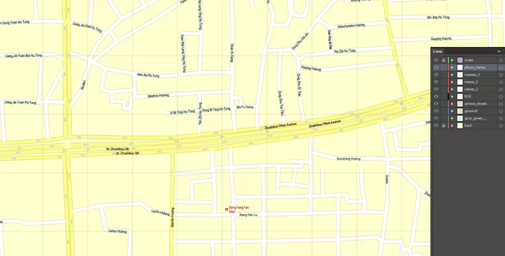 Printable Map Beijing, China, exact vector street G-view Level 17 (100 meters scale) map, full editable in ENGLISH, Adobe illustrator, full vector, scalable, editable, text format street names, 8 mb ZIP