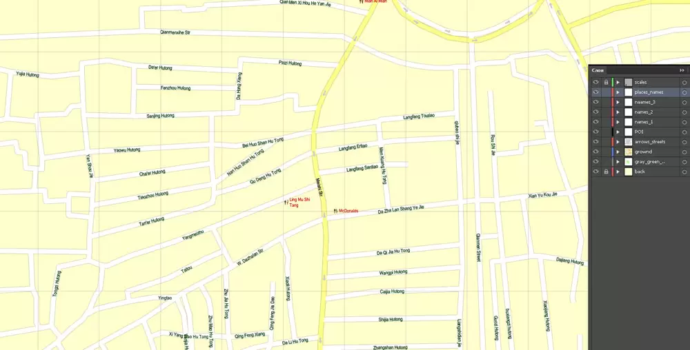 Printable Map Beijing, China, exact vector street G-view Level 17 (100 meters scale) map, full editable in ENGLISH, Adobe illustrator, full vector, scalable, editable, text format street names, 8 mb ZIP