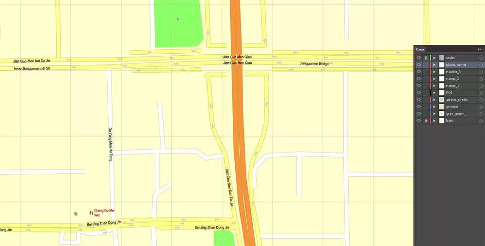 Printable Map Beijing, China, exact vector street G-view Level 17 (100 meters scale) map, full editable in ENGLISH, Adobe illustrator, full vector, scalable, editable, text format street names, 8 mb ZIP