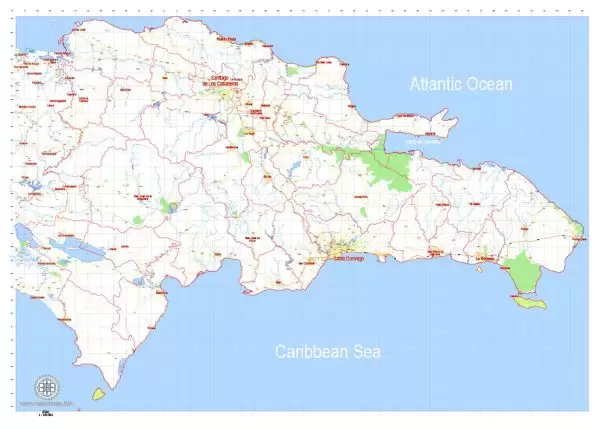 Printable Dominican Republic Detailed Map, exact G-View Level 12 (5 km scale) vector map Adobe Illustrator editable A3 Blanco Simple version, scalable, Text format names, 6 Mb ZIP