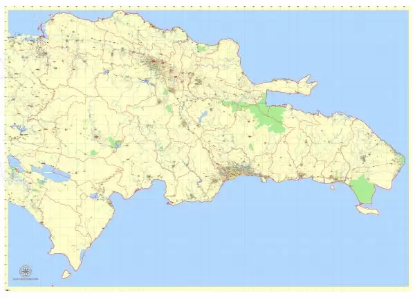 Printable Dominican Republic Detailed Map, exact G-View Level 12 (5 km scale) vector map Adobe Illustrator editable, scalable, Text format names, 9 Mb ZIP