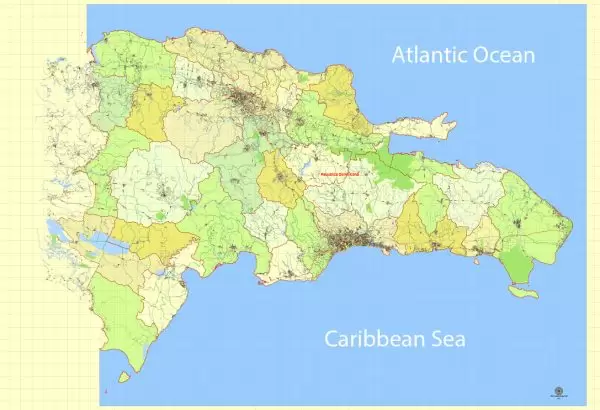 Printable Dominican Republic Extra Detailed Map, exact vector map Adobe Illustrator editable, scalable, Text format names, 17 mb ZIP
