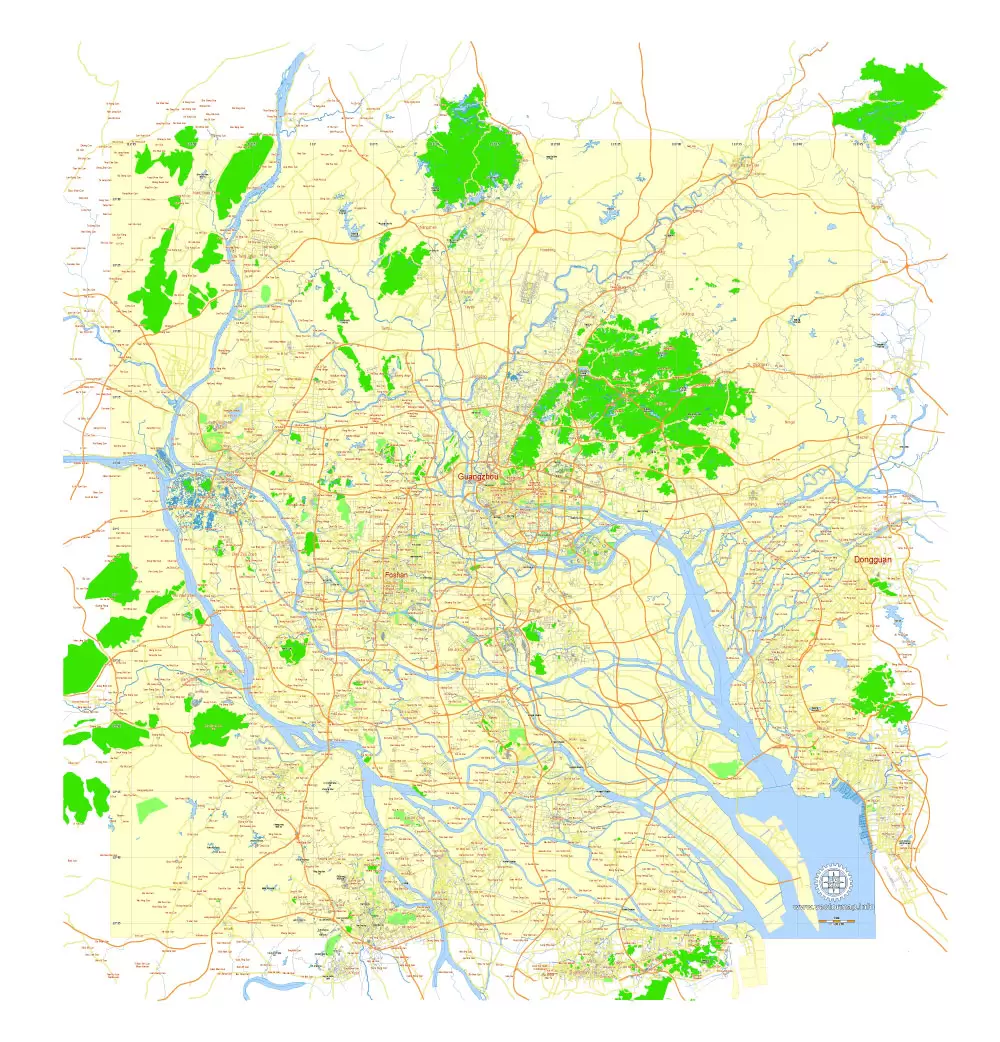free printavle map Guangzhou, English vector map Guangzhou
